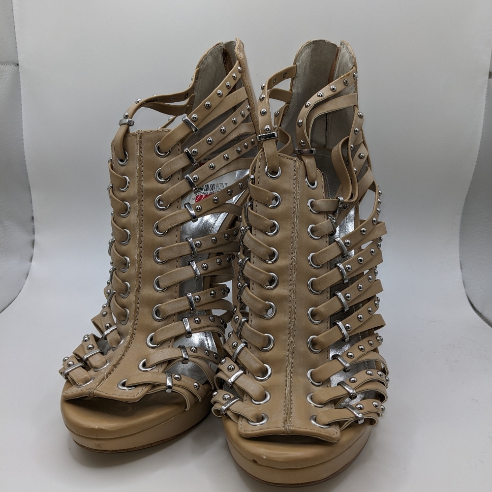 BCBG Beige Strappy Heels with Silver Accents SIZE 10